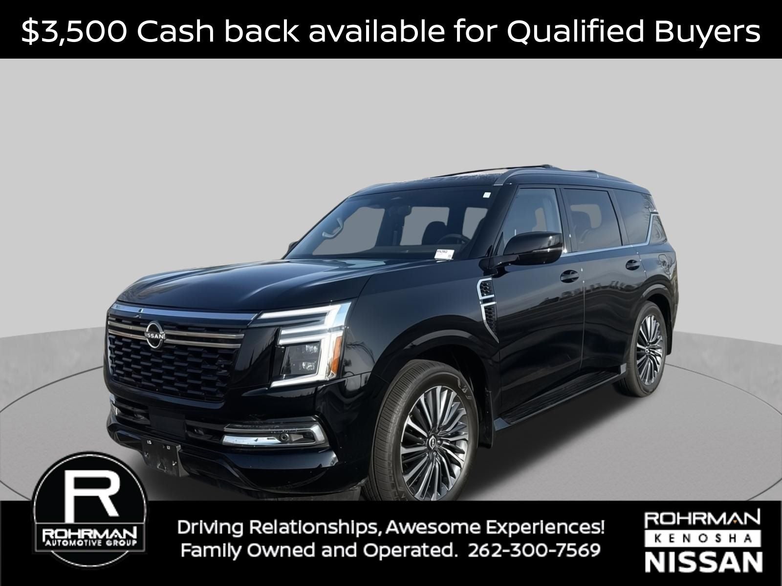 2026 Nissan Armada Platinum Reserve in Super Black — front three-quarter view