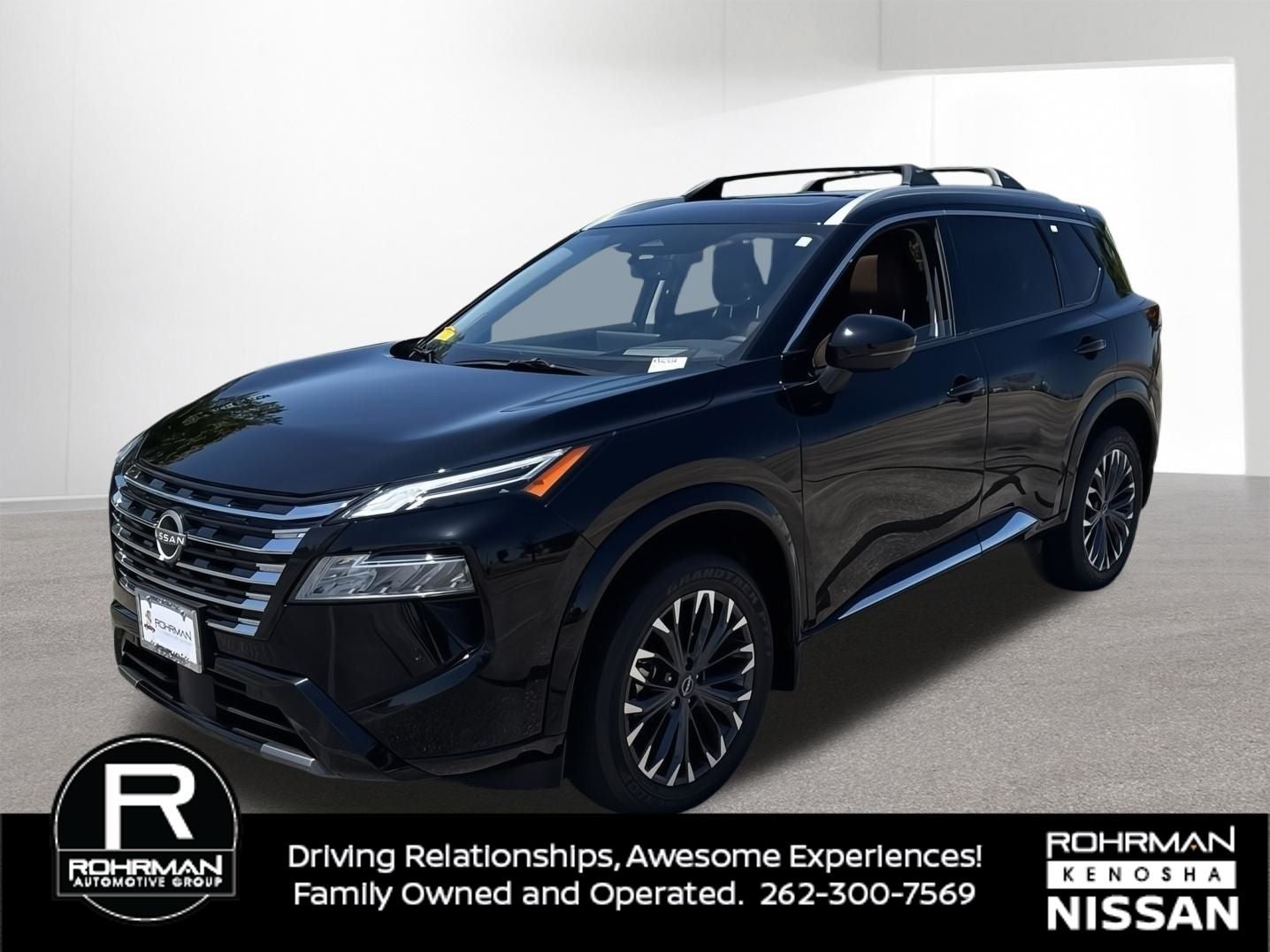2025 Nissan Rogue Platinum in Super Black — front three-quarter view